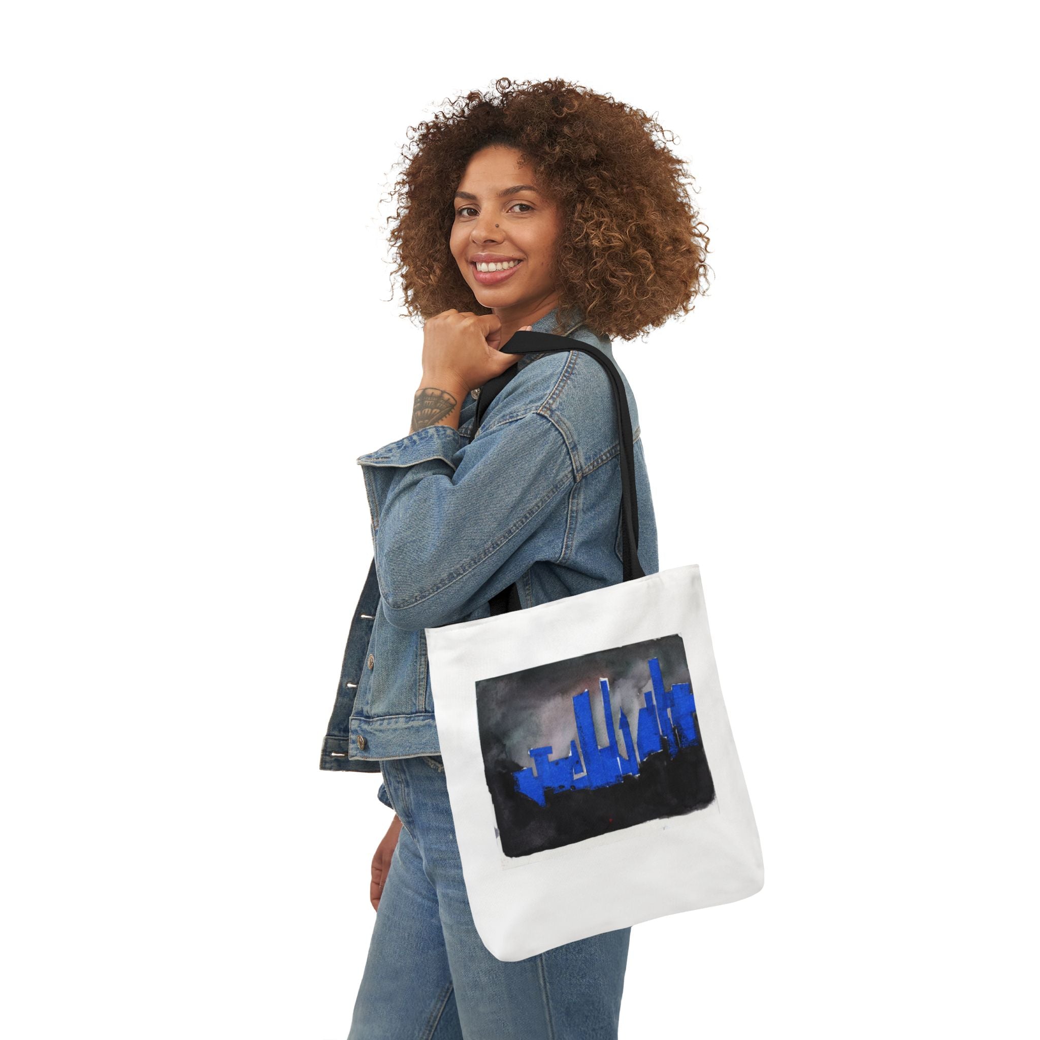 Optic White Canvas Tote Bag, Black Straps "NYC Skyline Blue Out"