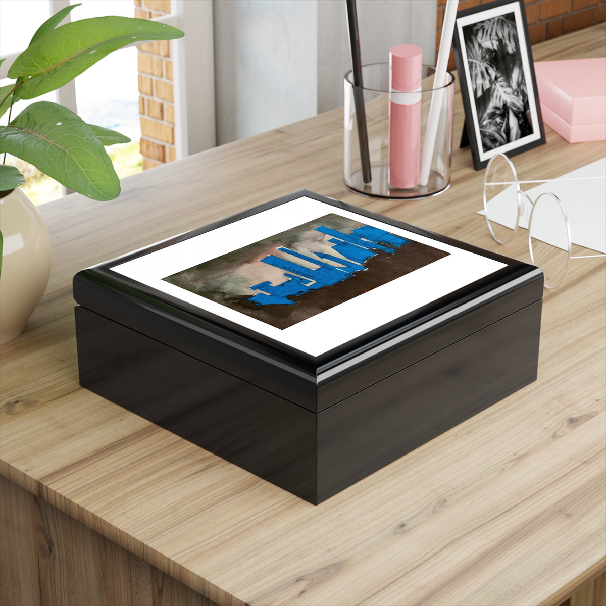 Ebony Keepsake Jewelry Box "NYC Skyline Blue Out"