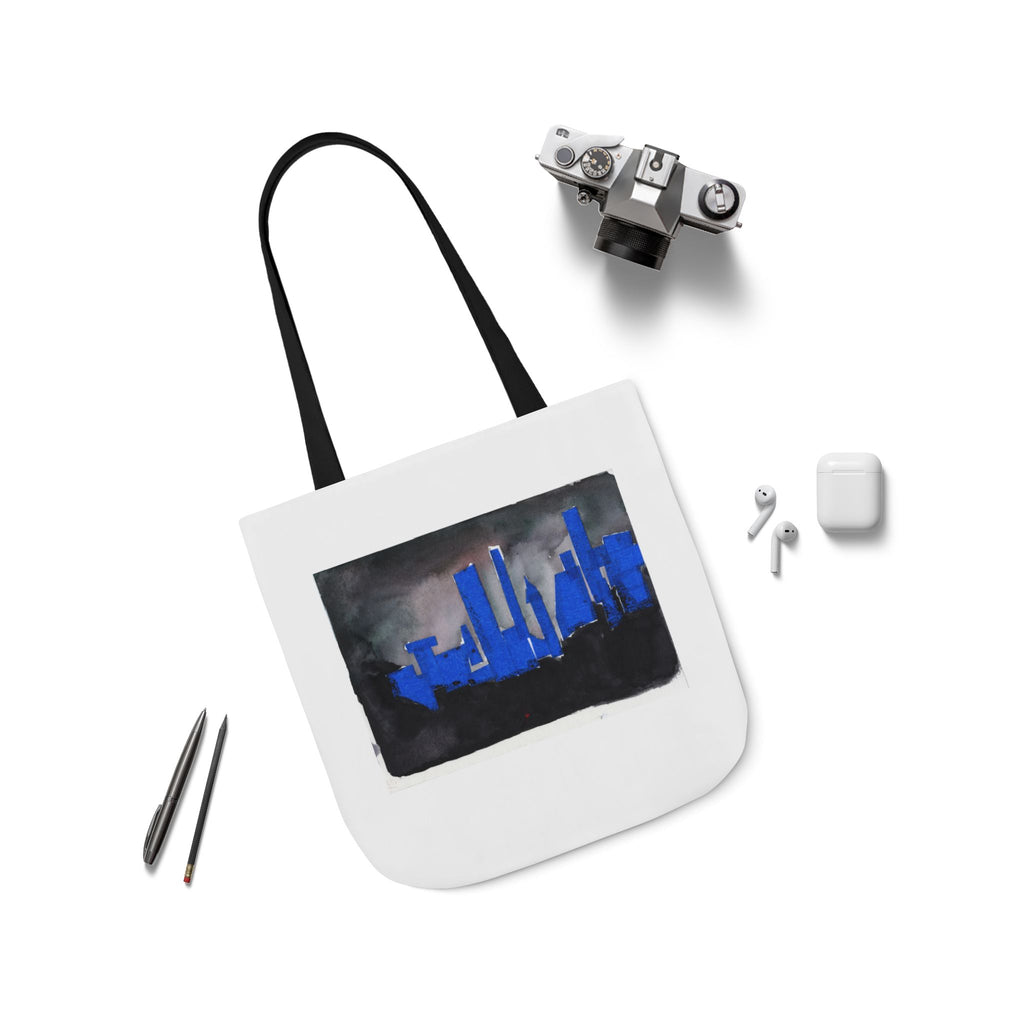 Optic White Canvas Tote Bag, Black Straps "NYC Skyline Blue Out"