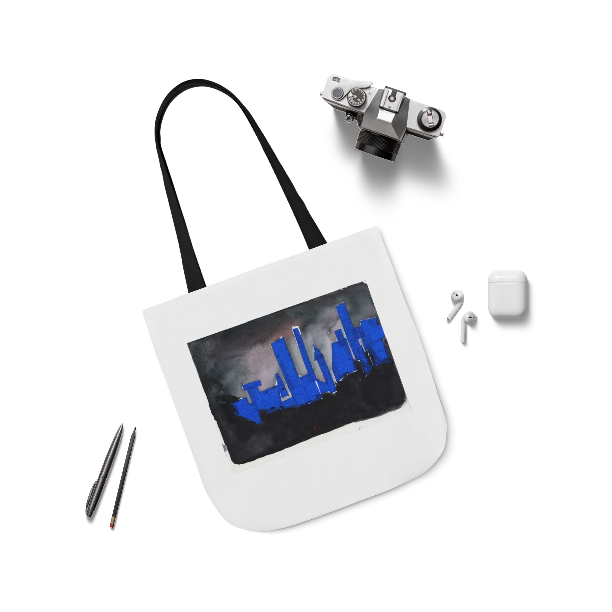 Optic White Canvas Tote Bag, Black Straps "NYC Skyline Blue Out"