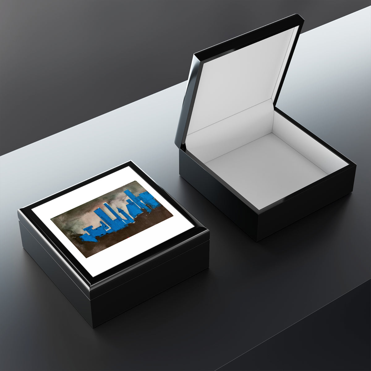 Ebony Keepsake Jewelry Box "NYC Skyline Blue Out"