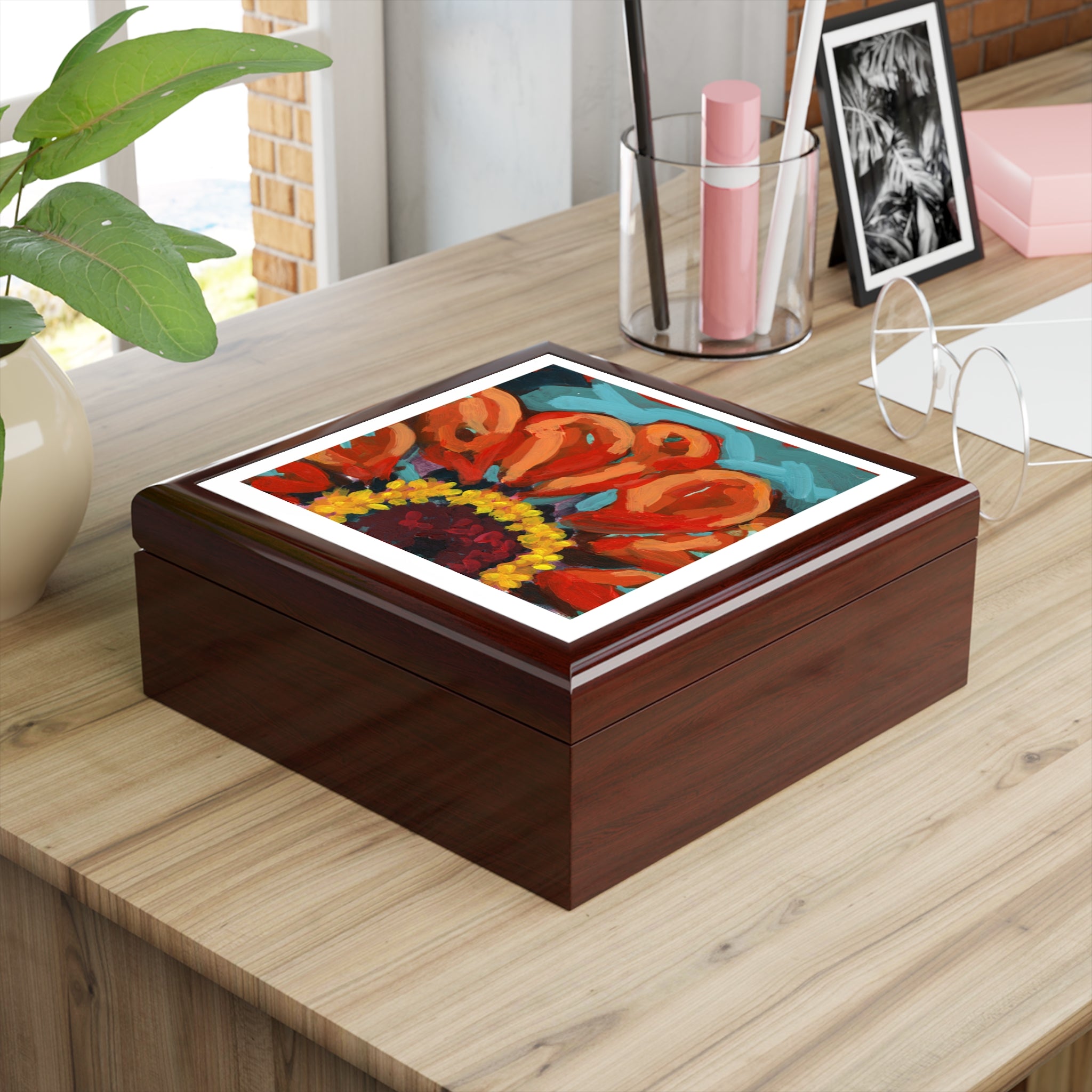 Mahogany Keepsake Jewelry Box Orange Zinnia