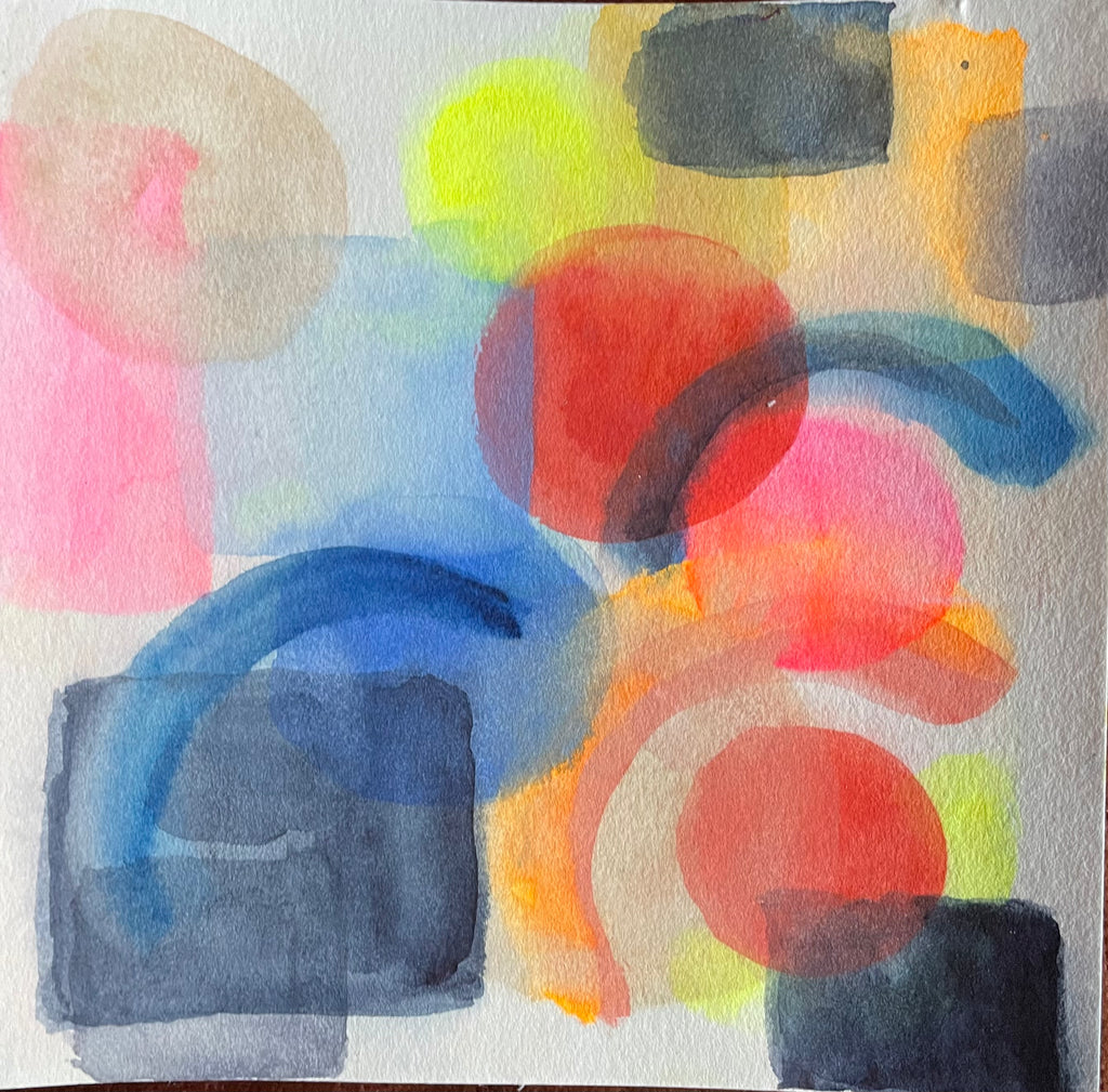 Abstract watercolor painting with colorful circles and shapes on a white background