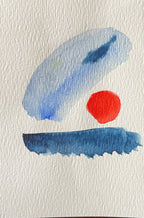 Abstract art with blue and red shapes on a textured white background