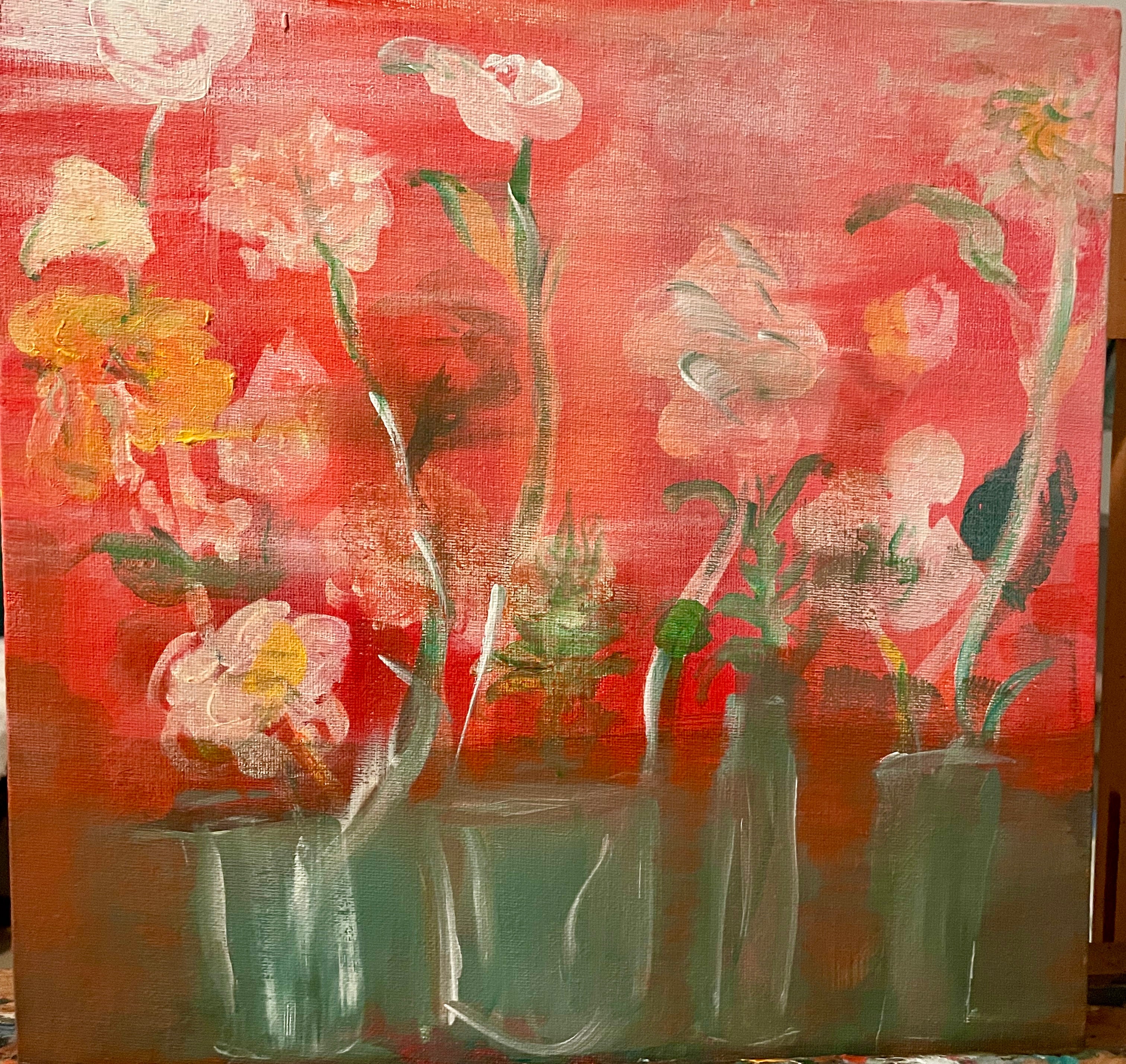 Bodega Garden -Flowers in Green Glass Vases