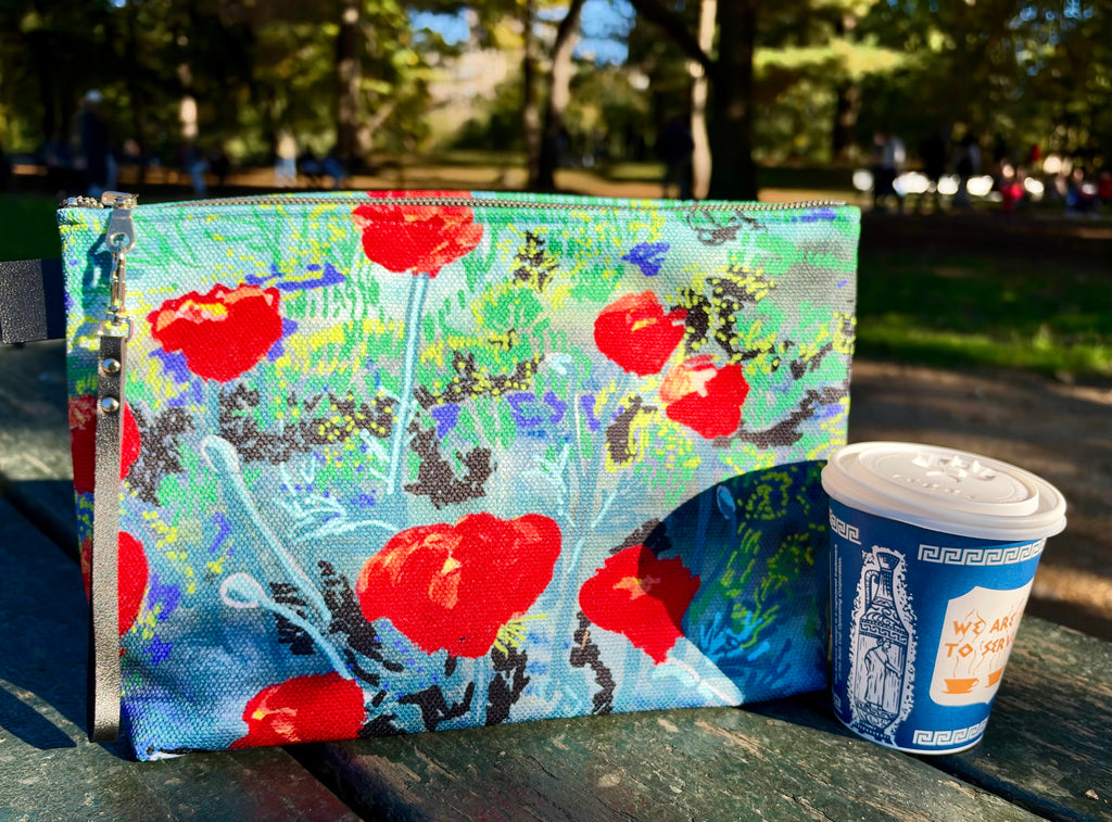 "Poppies in a Field" Handmade Canvas Accessory Pouch with T-Bottom shape.
