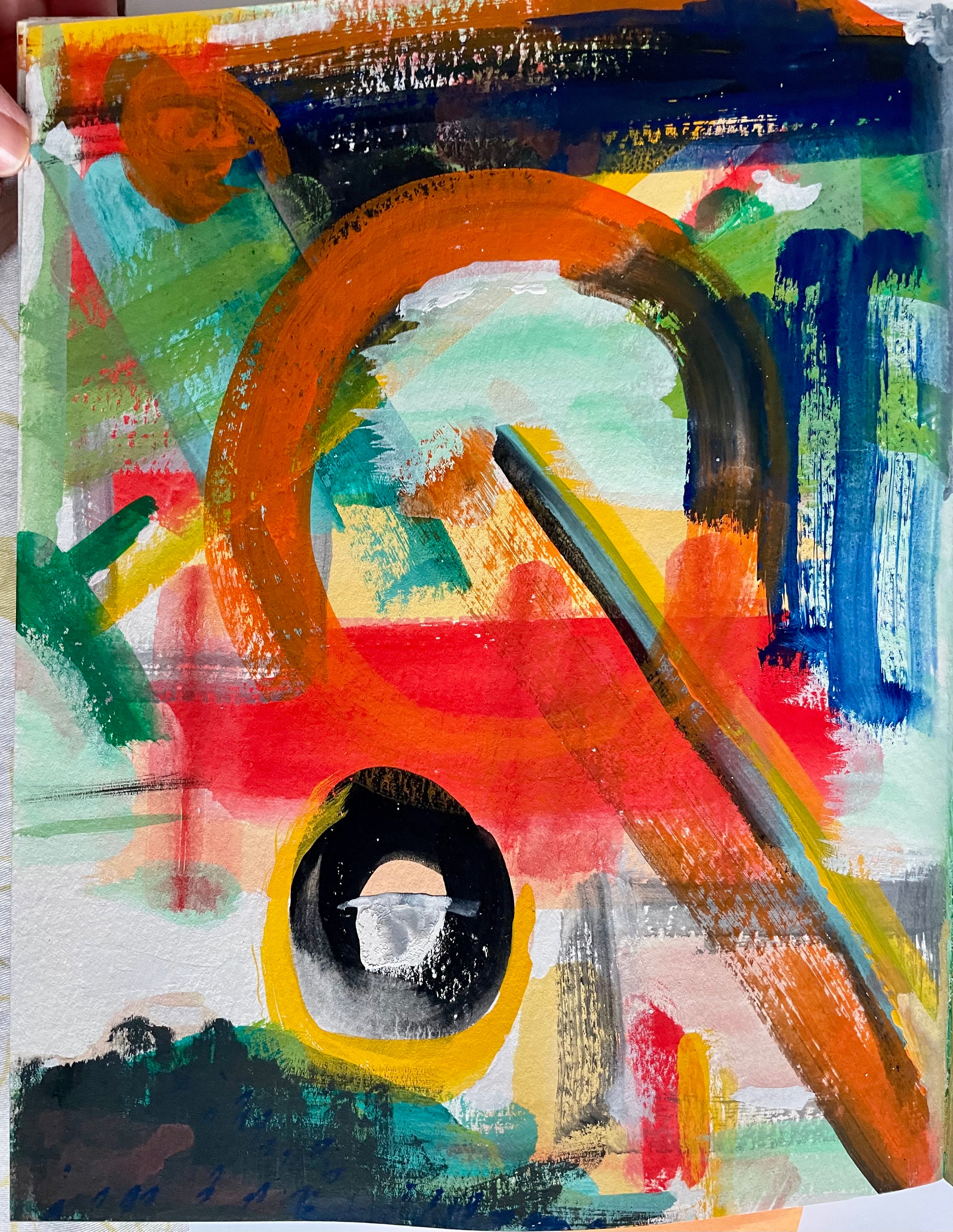 Abstract expressionist painting with bold brushstrokes in orange, red, blue, green, black, yellow, and white, featuring a large arch and circular forms.