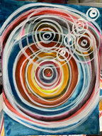 Abstract circular painting with concentric rings in blue, red, orange, yellow, brown, and white, plus several white spiral marks on a textured canvas.