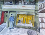 A watercolor and ink painting of a street storefront scene, showing a person standing outside a shop with a yellow-tinted window and gray stone pavement.