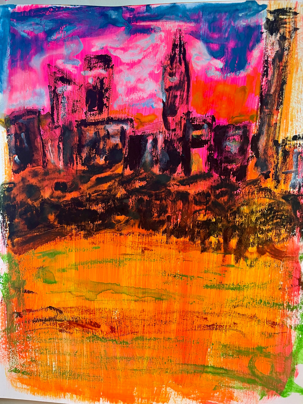 An expressive, textured painting of a city skyline with tall dark buildings under a vivid pink, purple, and blue sky, with a bright orange foreground.