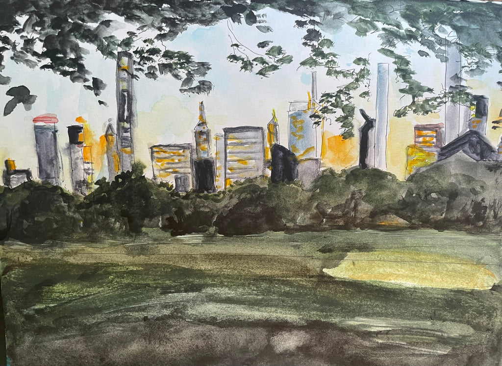 A watercolor painting of a city skyline with skyscrapers, trees, and a grassy foreground, rendered in muted green, gray, black, and yellow tones.