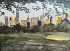 A watercolor painting of a city skyline with skyscrapers, trees, and a grassy foreground, rendered in muted green, gray, black, and yellow tones.