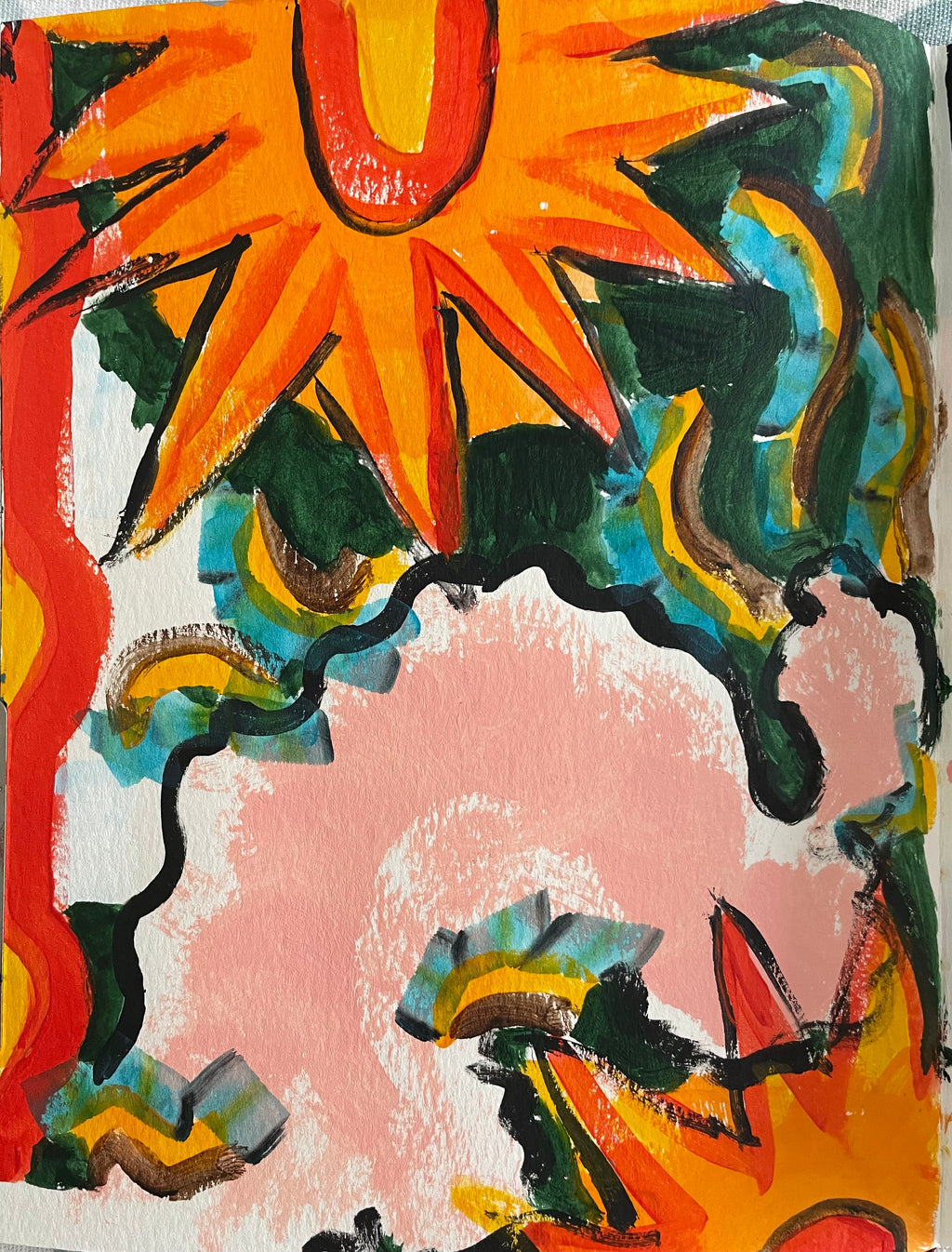 Abstract painting with a large orange sunburst at the top, a pale pink cloud-like shape in the center, and dark green, blue, yellow, black, and red organic shapes across the canvas.