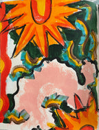 Abstract painting with a large orange sunburst at the top, a pale pink cloud-like shape in the center, and dark green, blue, yellow, black, and red organic shapes across the canvas.