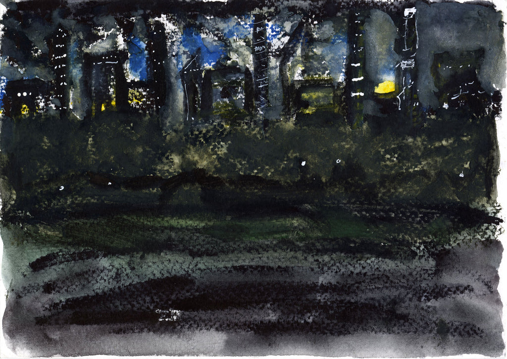 Artistic depiction of a city street at night with dark sky and illuminated buildings.