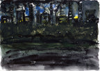 Artistic depiction of a city street at night with dark sky and illuminated buildings.