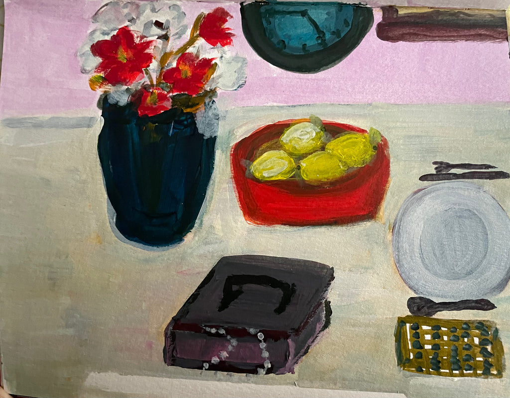 Painting of a still life scene with flowers, lemons, and kitchen items on a table.