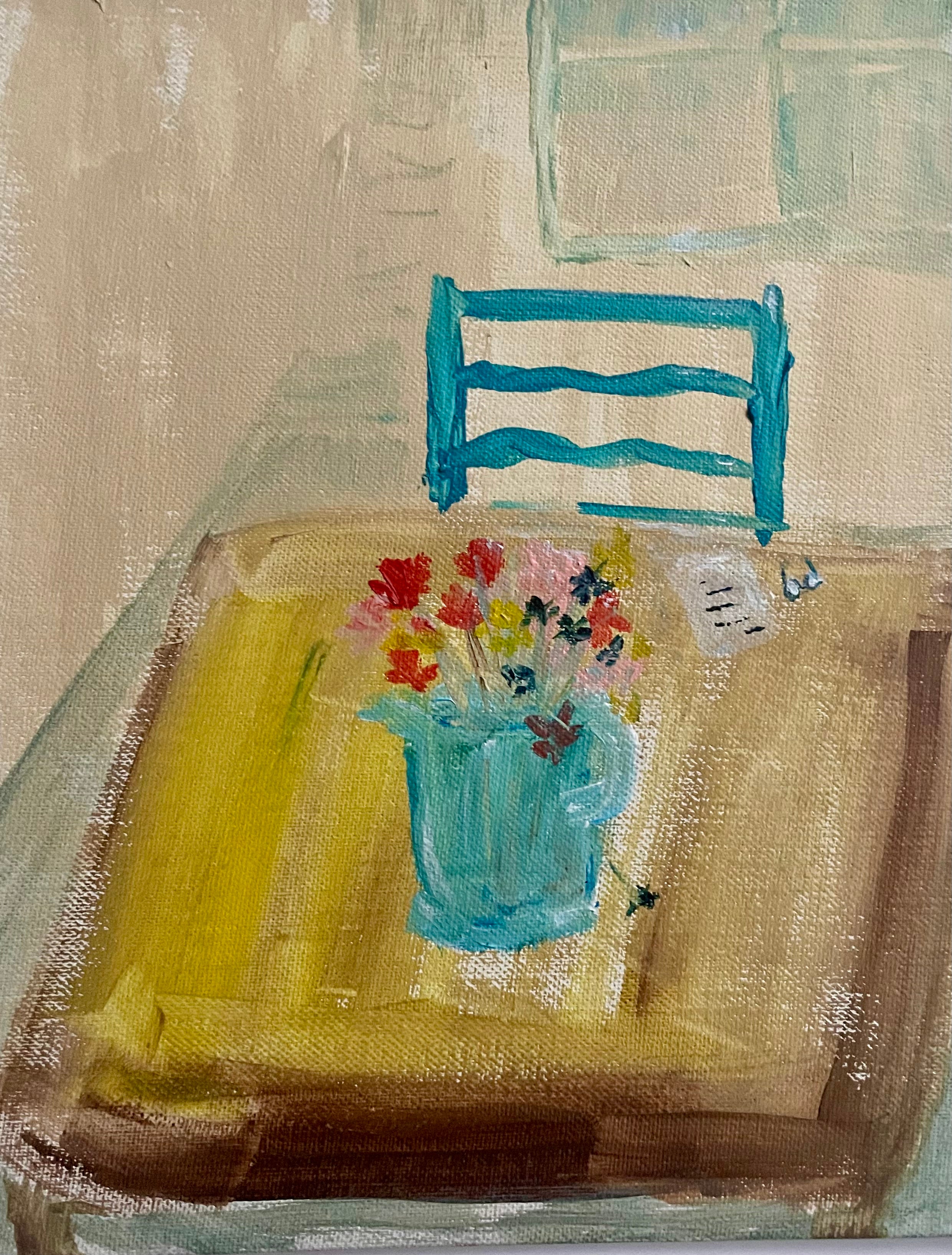 Tablescapes -Table with Red Flowers in a Blue Pitcher and Blue Chair