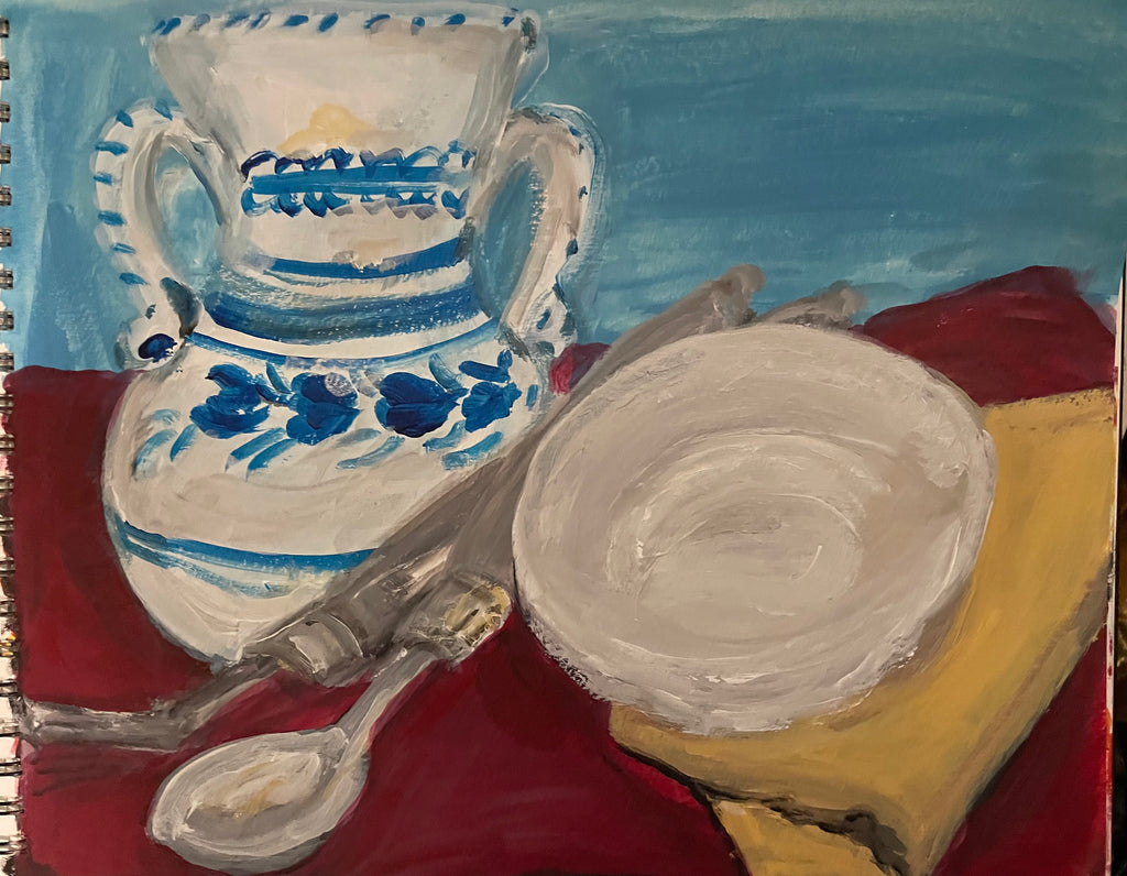 Painting of a blue and white ceramic pitcher with floral patterns on a red and yellow surface.