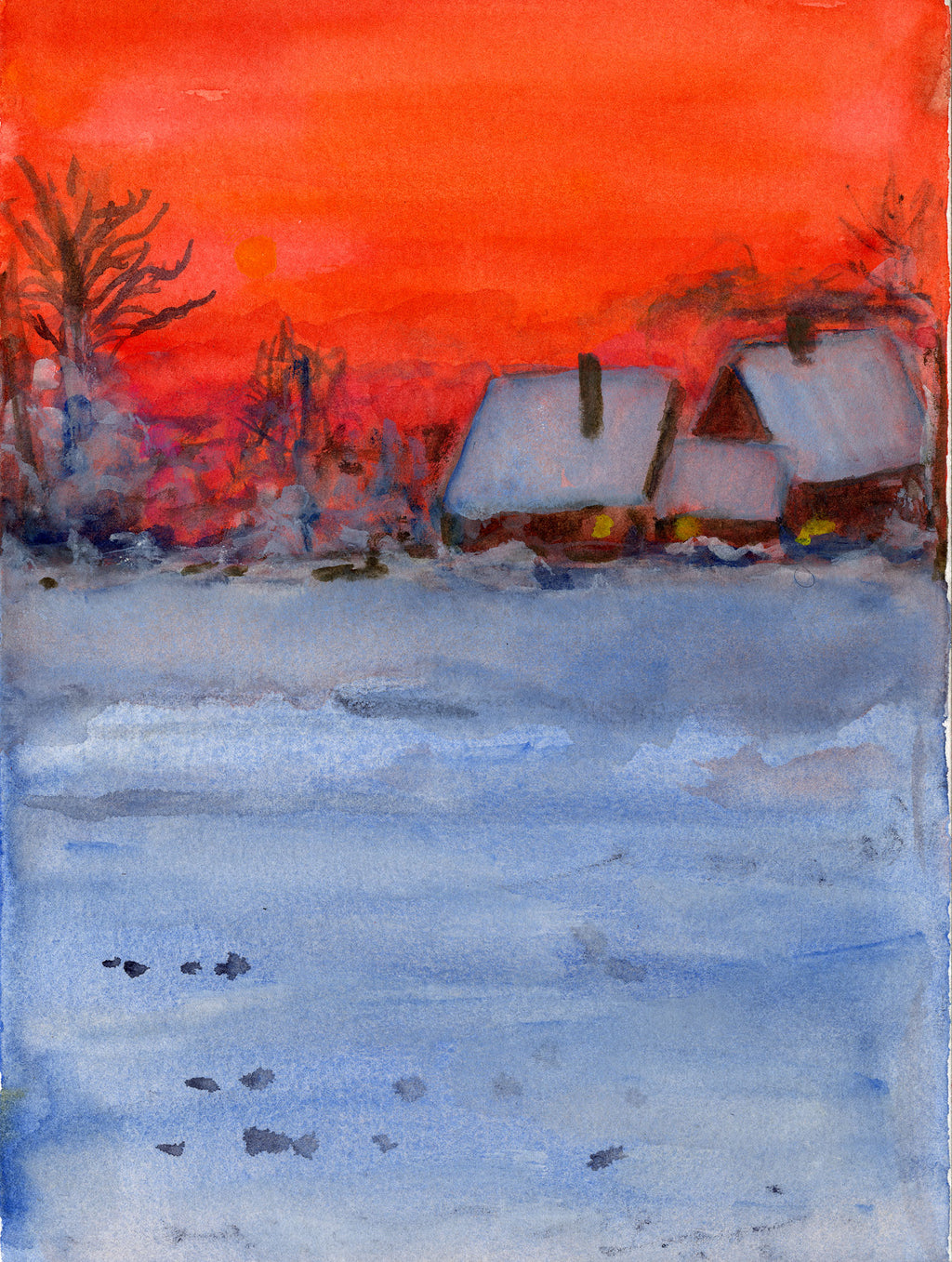Winter landscape with houses and a red sky