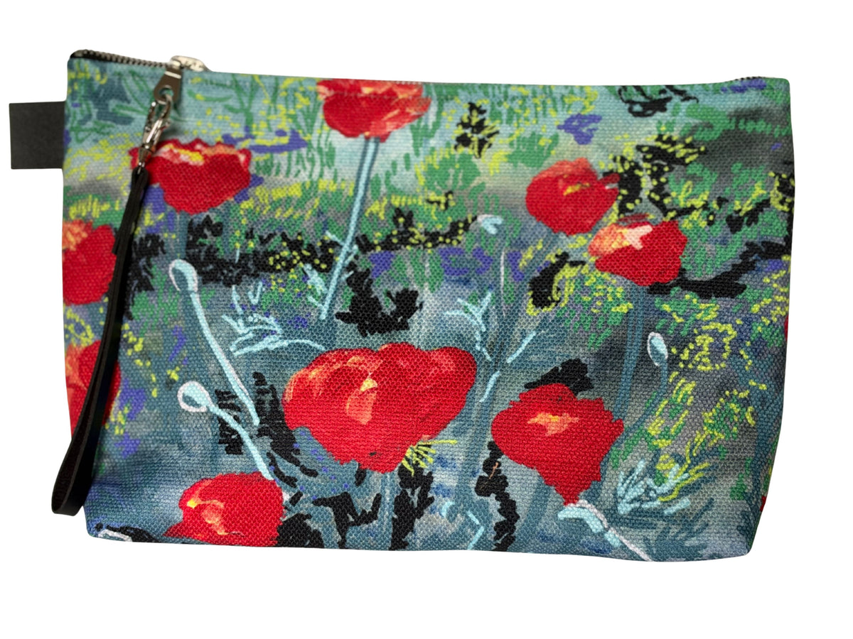 "Poppies in a Field" Handmade Canvas Accessory Pouch with T-Bottom shape.
